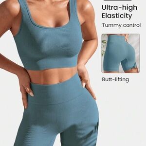 Blue Ribbed Activewear Set